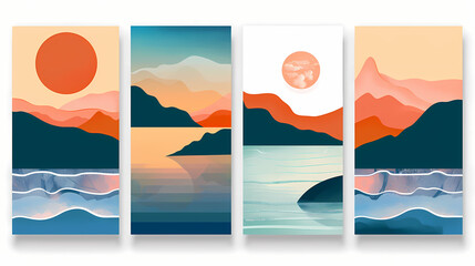 Abstract coloful landscape poster collection. Set of contemporary art print templates. Nature backgrounds for your social media. Sun and moon, sea, mountains, ocean, river bundle
