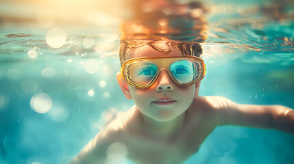 Naklejka premium A little boy children playing under the pool with goggles summer concept