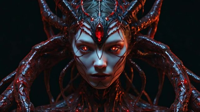 An Arachnid Queen demon with black and red patterns on her exoskeleton. With eight ruby eyes, she looks like an otherworldly creature. This digital painting shows the beauty in her terrifying form
