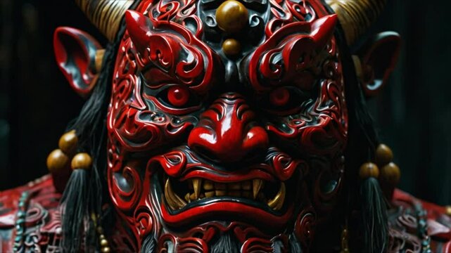 A scary oni mask with a nasty grin looks powerful and evil. The mask is carved and painted in deep, rich hues. This painting shows the intricate details and craftsmanship of the mask