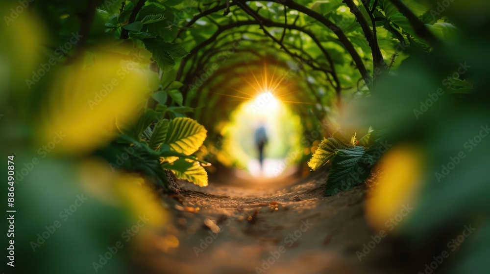 Aufkleber a lush green tunnel formed by cascading leaves creating a path illuminated by the glowing setting su