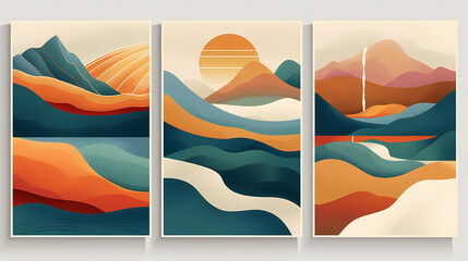 Abstract coloful landscape poster collection. Set of contemporary art print templates. Nature backgrounds for your social media. Sun and moon, sea, mountains, ocean, river bundle