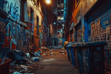 Fototapeta premium Graffiti on the walls of a dark alleyway in Melbourne, Australia - April 21, 2015.