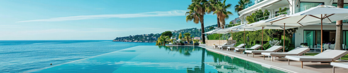 Fototapeta premium This stunning image captures the tranquility of a luxurious infinity pool overlooking the sea with a clear blue sky
