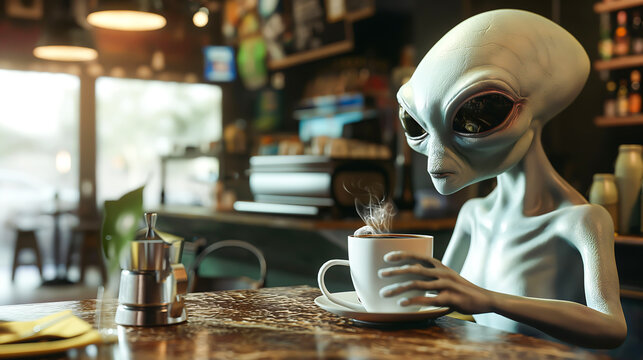 An alien creature enjoying drinking coffee in a coffee shop