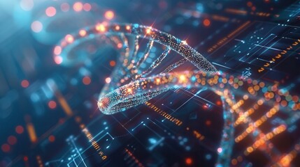 A close-up 3D view of a DNA strand with rotating molecular structures, on a sleek, digital medical science background filled with data charts and graphs