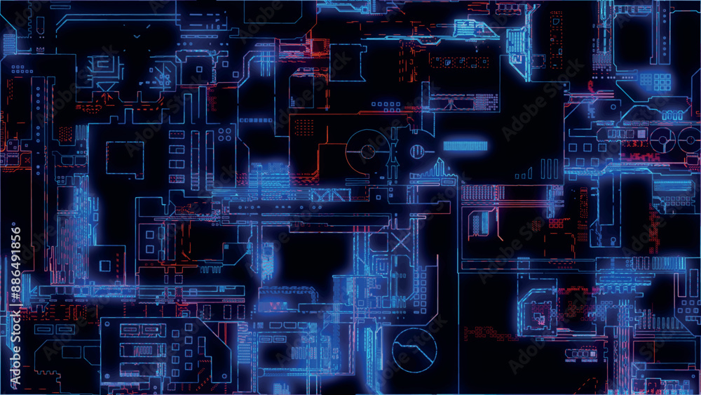 Poster printed circuit board. visualization of advanced technology concept: pcb processor microchip, digiti