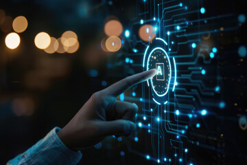 A hand is shown pressing a virtual button with a letter A, symbolizing access or starting a sequence