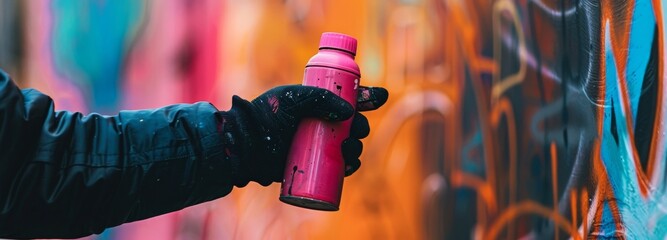 A young graffiti artist holds a can of paint against a background of colorful graffiti drawings. Street art and vandalism concept.