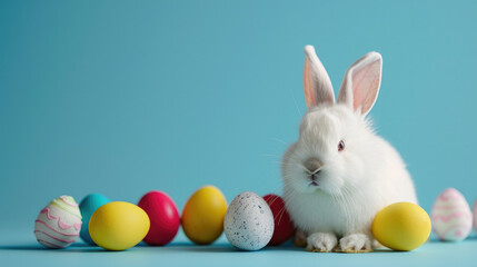 A white bunny sits with a variety of painted Easter eggs against a blue backdrop, symbolizing Easter celebrations