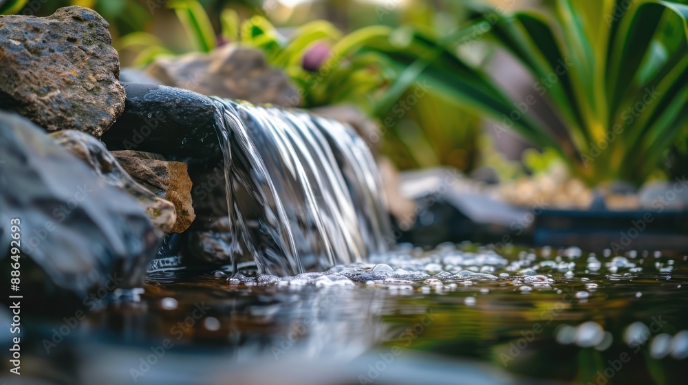 Poster a close-up shot of a modern water feature with a gentle waterfall flowing into a pond, with a blurre