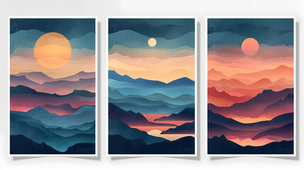 Abstract coloful landscape poster collection. Set of contemporary art print templates. Nature backgrounds for your social media. Sun and moon, sea, mountains, ocean, river bundle