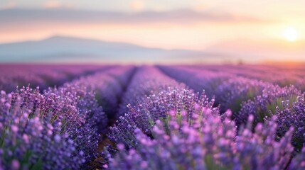 Obraz premium Lavender fields stretch towards distant mountains under the soothing pastel sky of dusk, their purple flowers gently blended with the soft evening light.