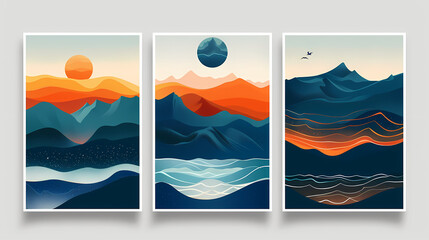 Abstract coloful landscape poster collection. Set of contemporary art print templates. Nature backgrounds for your social media. Sun and moon, sea, mountains, ocean, river bundle