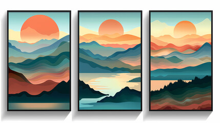 Abstract coloful landscape poster collection. Set of contemporary art print templates. Nature backgrounds for your social media. Sun and moon, sea, mountains, ocean, river bundle
