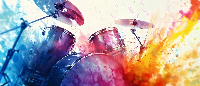 A vibrant abstract painting of a drum set with colorful splashes.