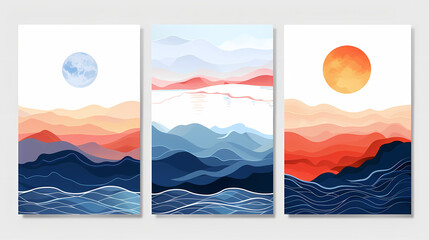Abstract coloful landscape poster collection. Set of contemporary art print templates. Nature backgrounds for your social media. Sun and moon, sea, mountains, ocean, river bundle