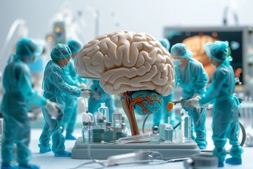 Miniature people Doctor and nurse medical team are performing surgical operation at brain model