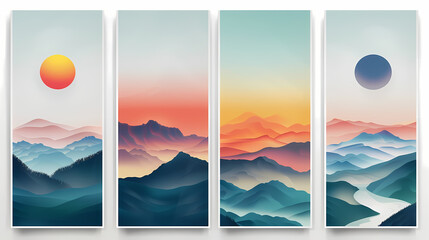 Abstract coloful landscape poster collection. Set of contemporary art print templates. Nature backgrounds for your social media. Sun and moon, sea, mountains, ocean, river bundle