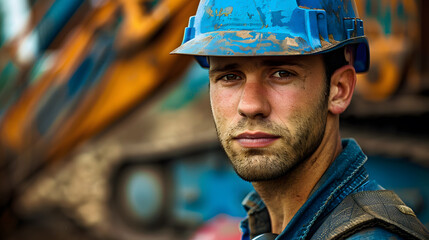 Fototapeta premium Portrait of a working man in a uniform and a hard hat. AI Generated