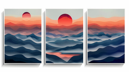 Abstract coloful landscape poster collection. Set of contemporary art print templates. Nature backgrounds for your social media. Sun and moon, sea, mountains, ocean, river bundle
