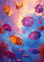 colorful umbrellas floating against a vibrant sky, symbolizing imagination and creativity