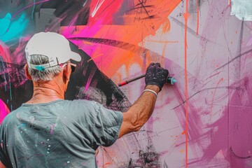 Stylish young caucasian male graffiti artist taking care of new graffitti artwork outdoors on bright sunny day dressed in denim shorts and gray t-shirt.