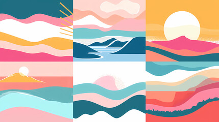 Abstract coloful landscape poster collection. Set of contemporary art print templates. Nature backgrounds for your social media. Sun and moon, sea, mountains, ocean, river bundle
