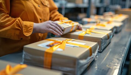 A worker wearing a yellow jacket packages parcels with orange ribbons on a conveyor belt in a warehouse or fulfillment center.