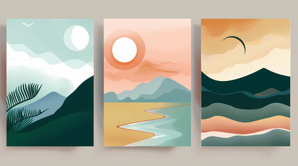 Abstract coloful landscape poster collection. Set of contemporary art print templates. Nature backgrounds for your social media. Sun and moon, sea, mountains, ocean, river bundle