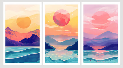 Abstract coloful landscape poster collection. Set of contemporary art print templates. Nature backgrounds for your social media. Sun and moon, sea, mountains, ocean, river bundle