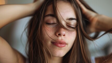 Fototapeta premium Close up of a beautiful young woman checking whether her hair is dry or not. Portrait of a brunette girl with her hands in her long straight hair and with her eyes closed