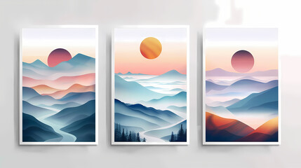 Abstract coloful landscape poster collection. Set of contemporary art print templates. Nature backgrounds for your social media. Sun and moon, sea, mountains, ocean, river bundle