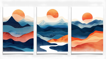 Abstract coloful landscape poster collection. Set of contemporary art print templates. Nature backgrounds for your social media. Sun and moon, sea, mountains, ocean, river bundle