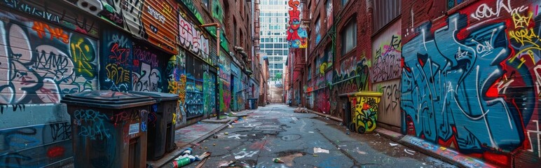 This image depicts a gritty, industrial area with graffiti. It is a horizontal banner.