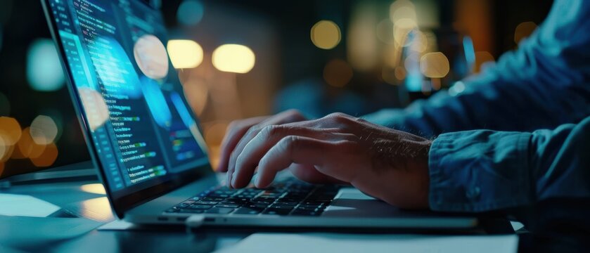 Close-up of hands typing code on a laptop in a dimly lit office. Concept of software development, programming, and technology workspace.