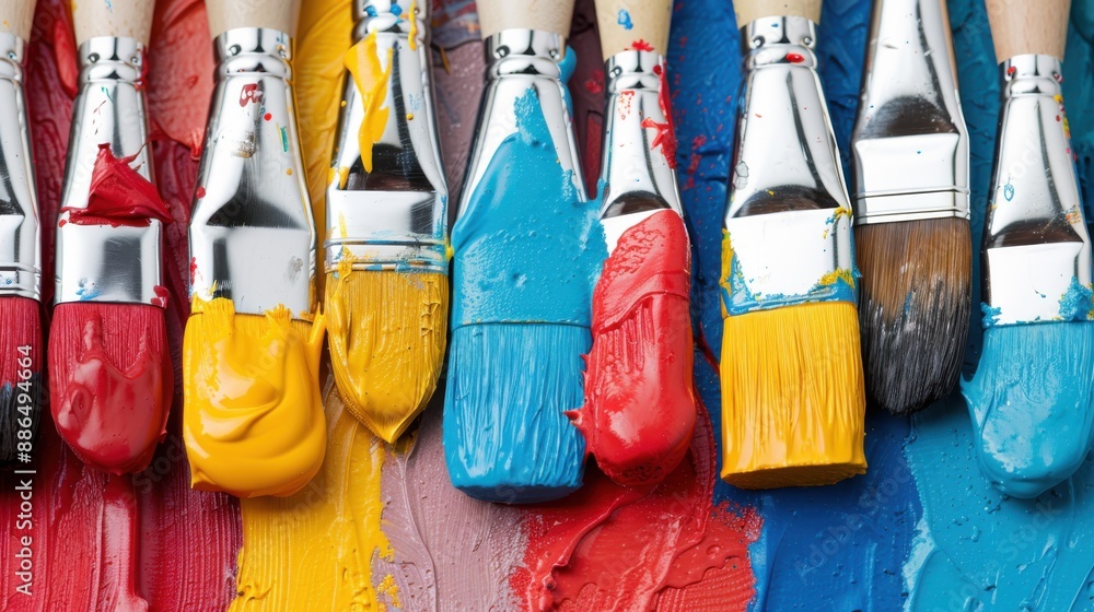 Poster an assortment of paintbrushes is displayed with vibrant colors coating their bristles. each brush is
