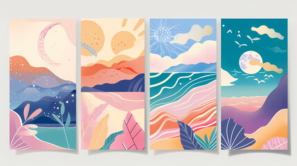 Abstract coloful landscape poster collection. Set of contemporary art print templates. Nature backgrounds for your social media. Sun and moon, sea, mountains, ocean, river bundle