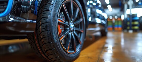 Fototapeta premium Closeup of a Black Car Wheel with Orange Accents