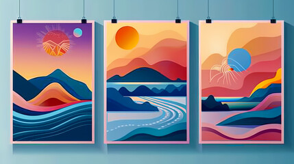 Abstract coloful landscape poster collection. Set of contemporary art print templates. Nature backgrounds for your social media. Sun and moon, sea, mountains, ocean, river bundle