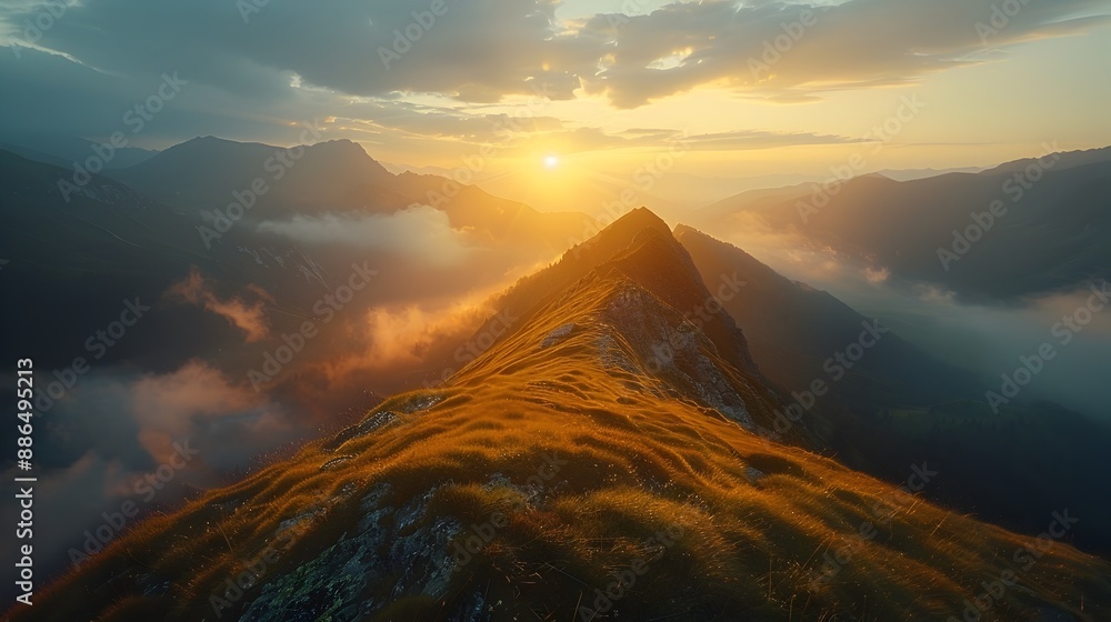 Canvas Prints Majestic Mountain Landscape at Sunrise with Mist and Serene Atmosphere