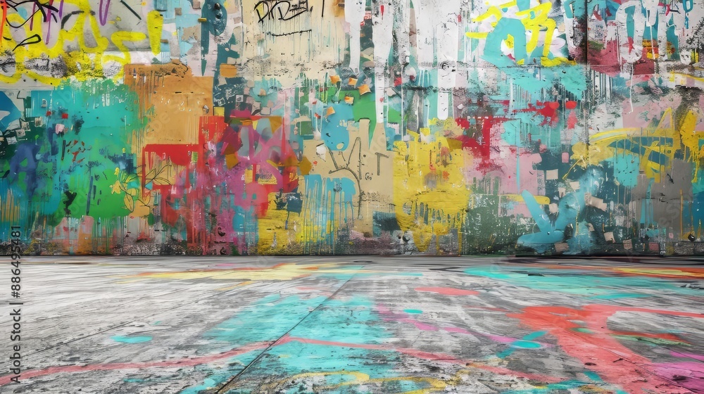 Poster walls with colorful abstract graffiti on an empty interior background with concrete floor
