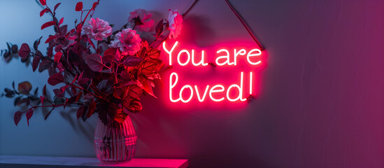 Pretty floral neon lights sign YOU ARE LOVED  flowers romantic decor glowing pink blue heart cozy brick wall home decor romantic events text word positive  quote signage 