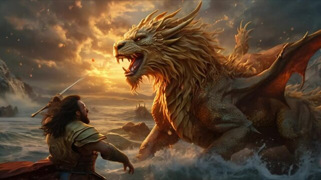 A knight engages in combat with a mythological monster.