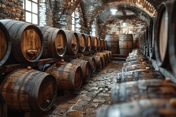 Rows of aged barrels are neatly lined up in a historic wine cellar with a dimly lit ambiance, highlighting the rustic charm and heritage of wine making.