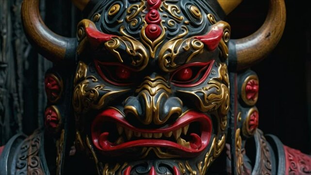 A scary oni mask with a nasty grin looks powerful and evil. The mask is carved and painted in deep, rich hues. This painting shows the intricate details and craftsmanship of the mask