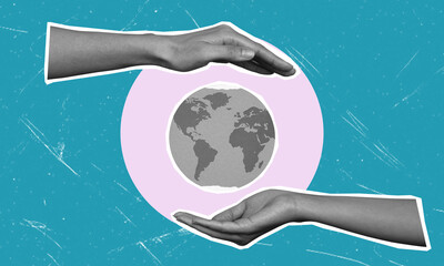Contemporary art collage art collage of two hands caring for the earth planet globe symbolizes...
