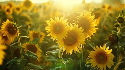 Obraz premium A stunning display of sunflowers in a vast field, their tall stems and bright yellow petals facing the sun.
