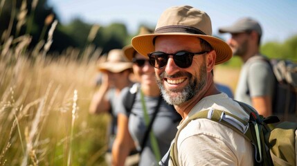 Fototapeta premium A group of people wearing hats and backpacks walk through a field of tall golden grass on a sunny day, highlighting their love for outdoor adventures and nature.