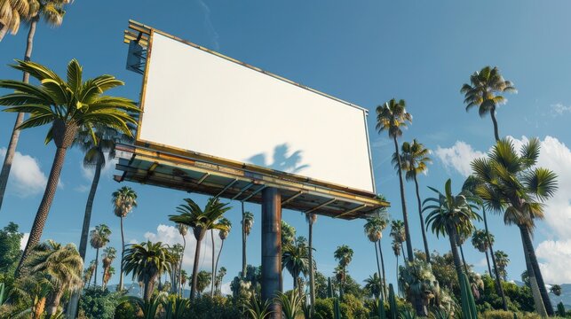 Vibrant Urban Setting with Angled Blank Billboard in Brigando City - Stock Photo